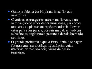 Outro problema é a biopirataria na floresta amazônica.  Cientistas estrangeiros entram na floresta, sem autorização de autoridades brasileiras, para obter amostras de plantas ou espécies animais. Levam estas para seus países, pesquisam e desenvolvem substâncias, registrando patente e depois lucrando com isso.  O grande problema é que o Brasil teria que pagar, futuramente, para utilizar substâncias cujas matérias-primas são originárias do nosso território. 