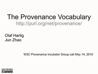 The Provenance Vocabulary
      http://purl.org/net/provenance/

Olaf Hartig
Jun Zhao


          W3C Provenance Incubator Group call May 14, 2010
 