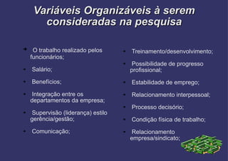 Variáveis Organizáveis à serem consideradas na pesquisa O trabalho realizado pelos funcionários; Salário; Benefícios; Integração entre os departamentos da empresa; Supervisão (liderança) estilo gerência/gestão; Comunicação; Treinamento/desenvolvimento; Possibilidade de progresso profissional; Estabilidade de emprego; Relacionamento interpessoal; Processo decisório; Condição física de trabalho; Relacionamento empresa/sindicato; 