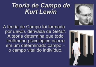 Teoria de Campo de Kurt Lewin A teoria de Campo foi formada por  Lewin,  derivada de  Getalt . A teoria determina que todo fenômeno psicológico ocorre em um determinado campo – o campo vital do indivíduo. 