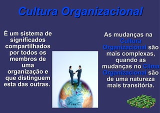 Cultura Organizacional É um sistema de significados compartilhados por todos os membros de uma organização e que distinguem esta das outras.  As mudanças na  Cultura Organizacional  são mais complexas, quando as mudanças no  Clima Organizacional  são de uma natureza mais transitória. 