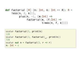 def factorial [A] (n: Int, k: Int => A): A =
    less(n, 2, k(1),
         plus(n, -1, (m:Int) =>
              factorial(m, (f:Int) =>
                        times(n, f, k))))


scala>   factorial(5, println)
120
scala>   factorial(3, factorial(_, println))
720
scala>   val n = factorial(3, r => r)
n: Int   = 6
 
