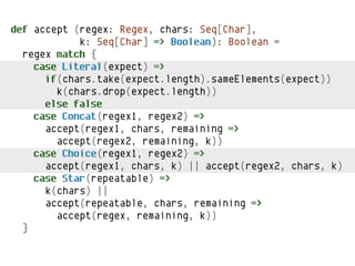 def accept (regex: Regex, chars: Seq[Char],
            k: Seq[Char] => Boolean): Boolean =
  regex match {
    case Literal(expect) =>
      if(chars.take(expect.length).sameElements(expect))
        k(chars.drop(expect.length))
      else false
    case Concat(regex1, regex2) =>
      accept(regex1, chars, remaining =>
        accept(regex2, remaining, k))
    case Choice(regex1, regex2) =>
      accept(regex1, chars, k) || accept(regex2, chars, k)
    case Star(repeatable) =>
      k(chars) ||
      accept(repeatable, chars, remaining =>
        accept(regex, remaining, k))
  }
 