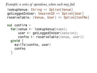Example: a series of operations, where each may fail.
 lookupVenue: String => Option[Venue]
 getLoggedInUser: SessionID => Option[User]
 reserveTable: (Venue, User) => Option[ConfNo]

 val confirm =
   for(venue <- lookupVenue(name);
       user <- getLoggedInUser(session);
       confno <- reserveTable(venue, user))
   yield {
     mailTo(confno, user)
     confno
   }
 