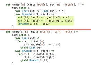 def inject[A] (root: Tree[A], cur: A): (Tree[A], A) =
    root match {
      case Leaf(old) => (Leaf(cur), old)
      case Branch(left, right) =>
        val (t1, last1) = inject(left, cur)
        val (t2, last2) = inject(right, last1)
        (Branch(t1,t2), last2)
    }
def injectST[A] (root: Tree[A]): ST[A, Tree[A]] =
    root match {
      case Leaf(old) =>
        for(cur <- init[A];
            u <- update[A](_ => old))
          yield Leaf(cur)
      case Branch(left, right) =>
        for(t1 <- injectST(left);
            t2 <- injectST(right))
          yield Branch(t1,t2)
    }
 