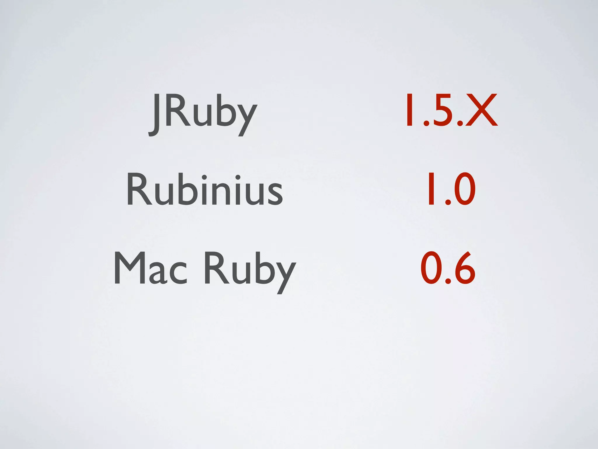 JRuby     1.5.X
Rubinius    1.0
Mac Ruby    0.6
 