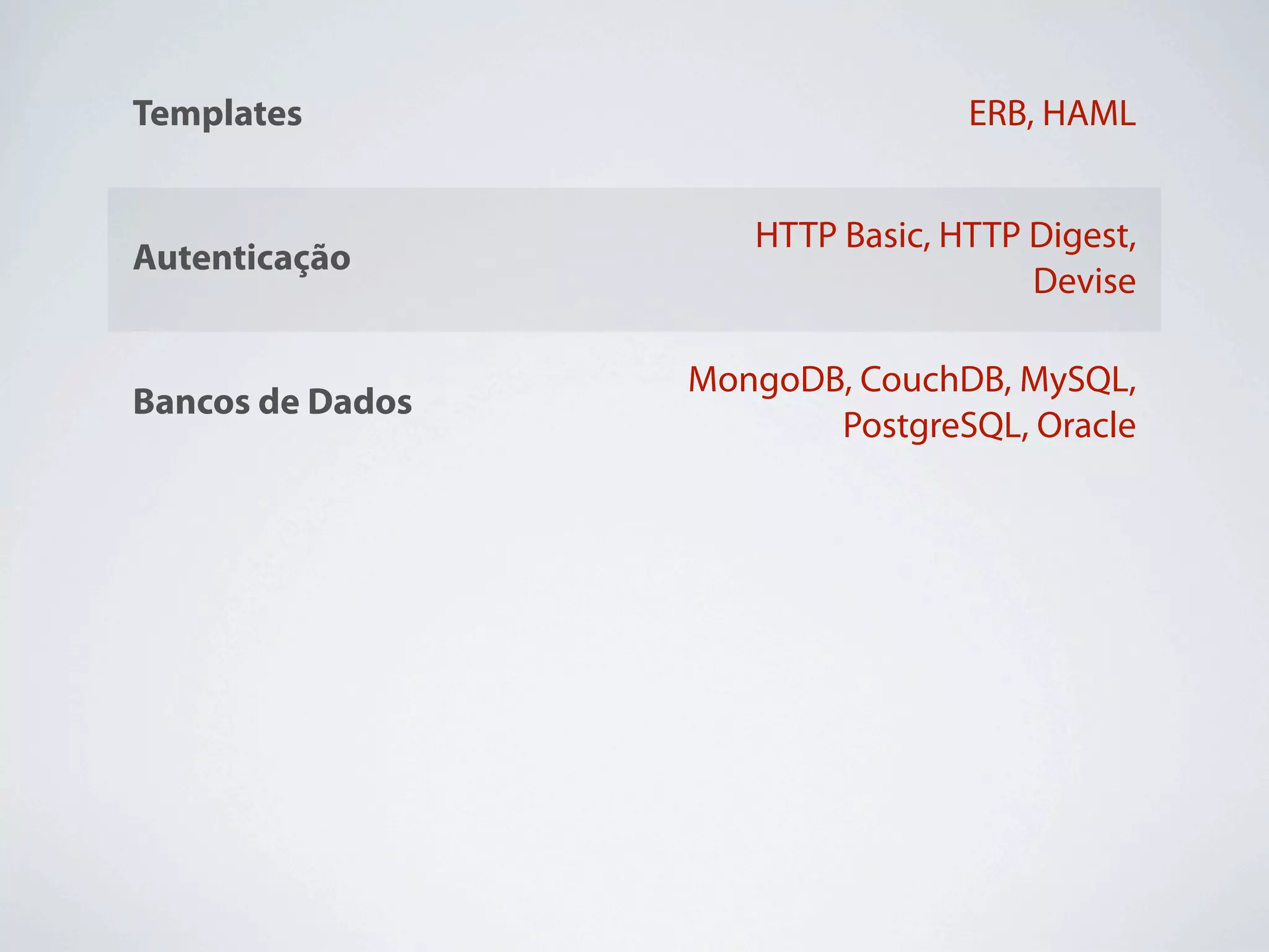 Templates                           ERB, HAML


                       HTTP Basic, HTTP Digest,
Autenticação
                                        Devise

                  MongoDB, CouchDB, MySQL,
Bancos de Dados
                         PostgreSQL, Oracle

                    ActiveRecord, DataMapper,
ORM’s
                               MongoMapper


Javascript        Prototype, jQuery, SproutCore


                       Apache 2, NginX, Lighty,
Web Servers
                                    Litespeed
 