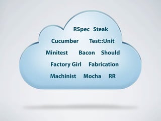 RSpec Steak
 Cucumber        Test::Unit
Minitest     Bacon   Should
 Factory Girl    Fabrication
 Machinist      Mocha    RR
 