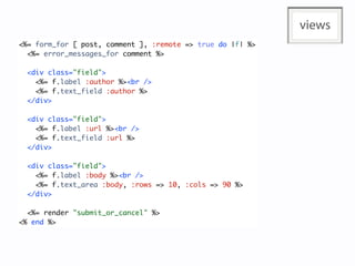 views
<%= form_for [ post, comment ], :remote => true do |f| %>
  <%= error_messages_for comment %>

  <div class="field">
    <%= f.label :author %><br />
    <%= f.text_field :author %>
  </div>

  <div class="field">
    <%= f.label :url %><br />
    <%= f.text_field :url %>
  </div>

  <div class="field">
    <%= f.label :body %><br />
    <%= f.text_area :body, :rows => 10, :cols => 90 %>
  </div>

  <%= render "submit_or_cancel" %>
<% end %>
 