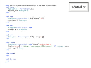 class Admin::PostCategoriesController < ApplicationController
  def index
    @categories = PostCategory.all
                                                                              controller
    respond_with @categories
  end

  def show
    @category = PostCategory.find(params[:id])
    respond_with @category
  end

  def new
    @category = PostCategory.new
    respond_with @category
  end

  def edit
    @category = PostCategory.find(params[:id])
  end

  def create
    @category = PostCategory.new(params[:post_category])
    flash[:notice] = 'Category was successfully created.' if @category.save
    respond_with @post
  end

  def update
  end

  def destroy
  end
end
 