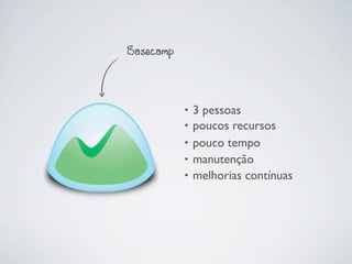 Basecamp



           •   3 pessoas
           •   poucos recursos
           •   pouco tempo
           •   manutenção
           •   melhorias contínuas
 