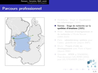 Parcours : formation, R&D, avenir
                  Comp´tences d´velopp´es
                        e        e      e


Parcours professionnel

                                              Heidelberg : Stage en visualisation
                                              bio-informatique (2004)
                                              Vannes : Stage de recherche sur la
                                              synth`se d’´motions (2005)
                                                   e     e
                                              Brest : Assistant d’enseignement et
                                              de recherche ` l’Ecole Navale
                                                            a
                                              (2005-2010)
                                              Paris : administrateur syst`me pour
                                                                          e
                                              l’assoc. glabelle.net (depuis 2007)
                                              Oruro : Projets d’aide au
                                              developpement avec Point d’Appui
                                              (depuis 2000)
                                              Grenoble : ATER ` l’ENSIMAG ;
                                                               a
                                              Post-doctorant LIG/IIHM (2010)
                                              puis LIG/STEAMER (2011)




                                                                                    4/8
 