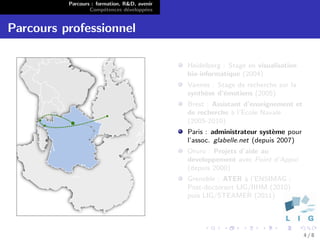Parcours : formation, R&D, avenir
                  Comp´tences d´velopp´es
                        e        e      e


Parcours professionnel

                                              Heidelberg : Stage en visualisation
                                              bio-informatique (2004)
                                              Vannes : Stage de recherche sur la
                                              synth`se d’´motions (2005)
                                                   e     e
                                              Brest : Assistant d’enseignement et
                                              de recherche ` l’Ecole Navale
                                                            a
                                              (2005-2010)
                                              Paris : administrateur syst`me pour
                                                                          e
                                              l’assoc. glabelle.net (depuis 2007)
                                              Oruro : Projets d’aide au
                                              developpement avec Point d’Appui
                                              (depuis 2000)
                                              Grenoble : ATER ` l’ENSIMAG ;
                                                               a
                                              Post-doctorant LIG/IIHM (2010)
                                              puis LIG/STEAMER (2011)




                                                                                    4/8
 
