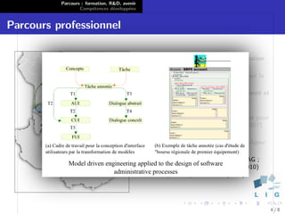 Parcours : formation, R&D, avenir
                  Comp´tences d´velopp´es
                        e        e      e


Parcours professionnel

                                              Heidelberg : Stage en visualisation
                                              bio-informatique (2004)
                                              Vannes : Stage de recherche sur la
                                              synth`se d’´motions (2005)
                                                   e     e
                                              Brest : Assistant d’enseignement et
                                              de recherche ` l’Ecole Navale
                                                            a
                                              (2005-2010)
                                              Paris : administrateur syst`me pour
                                                                          e
                                              l’assoc. glabelle.net (depuis 2007)
                                              Oruro : Projets d’aide au
                                              developpement avec Point d’Appui
                                              (depuis 2000)
                                              Grenoble : ATER ` l’ENSIMAG ;
                                                               a
                                              Post-doctorant LIG/IIHM (2010)
                                              puis LIG/STEAMER (2011)




                                                                                    4/8
 