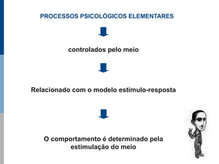 PROCESSOS PSICOLÓGICOS ELEMENTARES




          controlados pelo meio




Relacionado com o modelo estímulo-resposta




   O comportamento é determinado pela
          estimulação do meio
 
