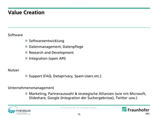 Value Creation



Software
            Softwareentwicklung
            Datenmanagement, Datenpflege
            Research and Development
            Integration (open API)


Nutzer
            Support (FAQ, Dataprivacy, Spam-Users etc.)


Unternehmensmanagement
            Marketing, Partnerauswahl & strategische Allianzen (wie mit Microsoft,
             Slideshare, Google (Integration der Suchergebnisse), Twitter usw.)

                                © Fraunhofer IAO, IAT Universität Stuttgart


                                                    15
 