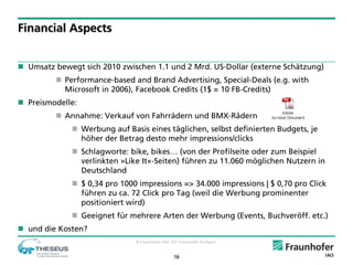 Financial Aspects


 Umsatz bewegt sich 2010 zwischen 1.1 und 2 Mrd. US-Dollar (externe Schätzung)
          Performance-based and Brand Advertising, Special-Deals (e.g. with
           Microsoft in 2006), Facebook Credits (1$ = 10 FB-Credits)
 Preismodelle:
          Annahme: Verkauf von Fahrrädern und BMX-Rädern
              Werbung auf Basis eines täglichen, selbst definierten Budgets, je
               höher der Betrag desto mehr impressions/clicks
              Schlagworte: bike, bikes… (von der Profilseite oder zum Beispiel
               verlinkten »Like It«-Seiten) führen zu 11.060 möglichen Nutzern in
               Deutschland
              $ 0,34 pro 1000 impressions => 34.000 impressions | $ 0,70 pro Click
               führen zu ca. 72 Click pro Tag (weil die Werbung prominenter
               positioniert wird)
              Geeignet für mehrere Arten der Werbung (Events, Buchveröff. etc.)
 und die Kosten?
                              © Fraunhofer IAO, IAT Universität Stuttgart


                                                  16
 