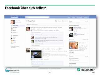 Facebook über sich selbst*



 Derzeit circa 500 Millionen registrierte Nutzer.
 50 Prozent der aktiven Nutzer besuchen Facebook mindestens einmal am
  Tag.
 Nutzer verbringen circa 700 Mrd. Minuten pro Monat auf der Seite.
 Im Schnitt werden 15 Seiten besucht (Vergleich**: Auf anderen sehr
  populären Seiten wie heise.de werden im Schnitt ungefähr 6 Seiten
  besucht).


 Bereits im Juli 2008 wurde der Wert von Facebook von der New York
  Times im Bereich von $3.75 Mrd. bis $15 Mrd. Geschätzt.


* Facebook-Statistiken (von Facebook): http://www.facebook.com/press/info.php?statistics, Zugriff September 2010
** Jo Bager. Megacommunities - Soziale Netzwerke ver¨andern die Online-Landschaft, 2010.
                                            © Fraunhofer IAO, IAT Universität Stuttgart


                                                                6
 