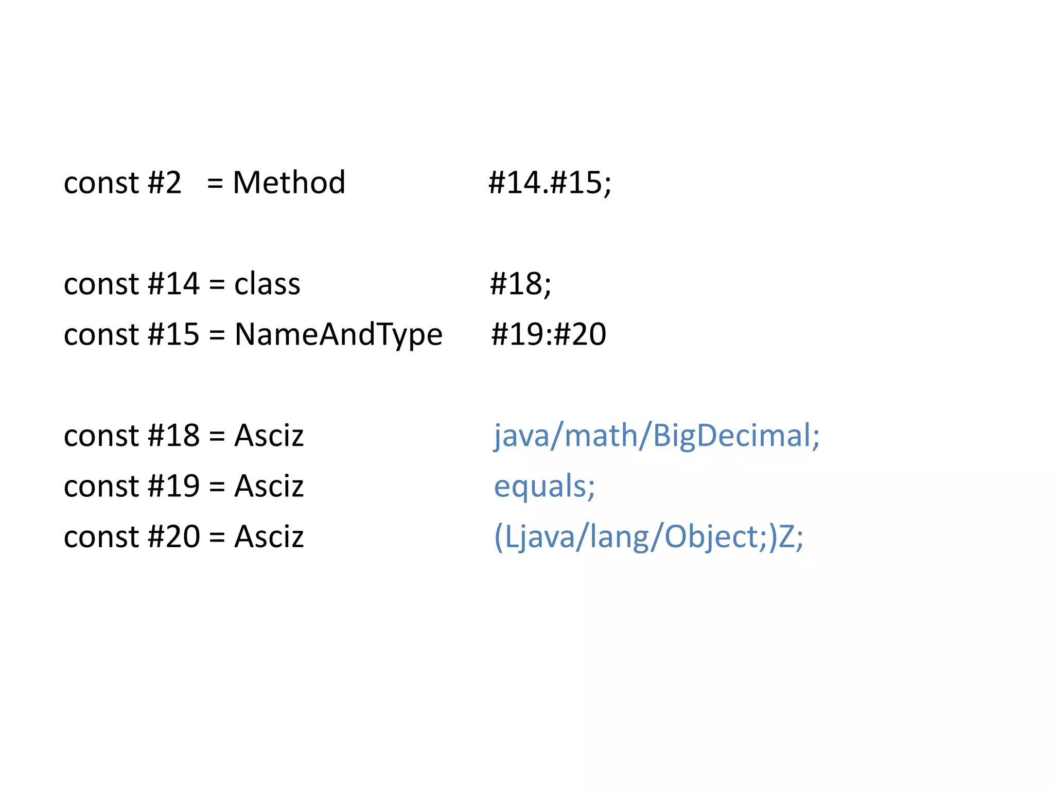 const #2   = Method                  #14.#15;const #14 = class                        #18;const #15 = NameAndType      #19:#20const #18 = Ascizjava/math/BigDecimal;const#19 = Ascizequals;const #20 = Asciz(Ljava/lang/Object;)Z;