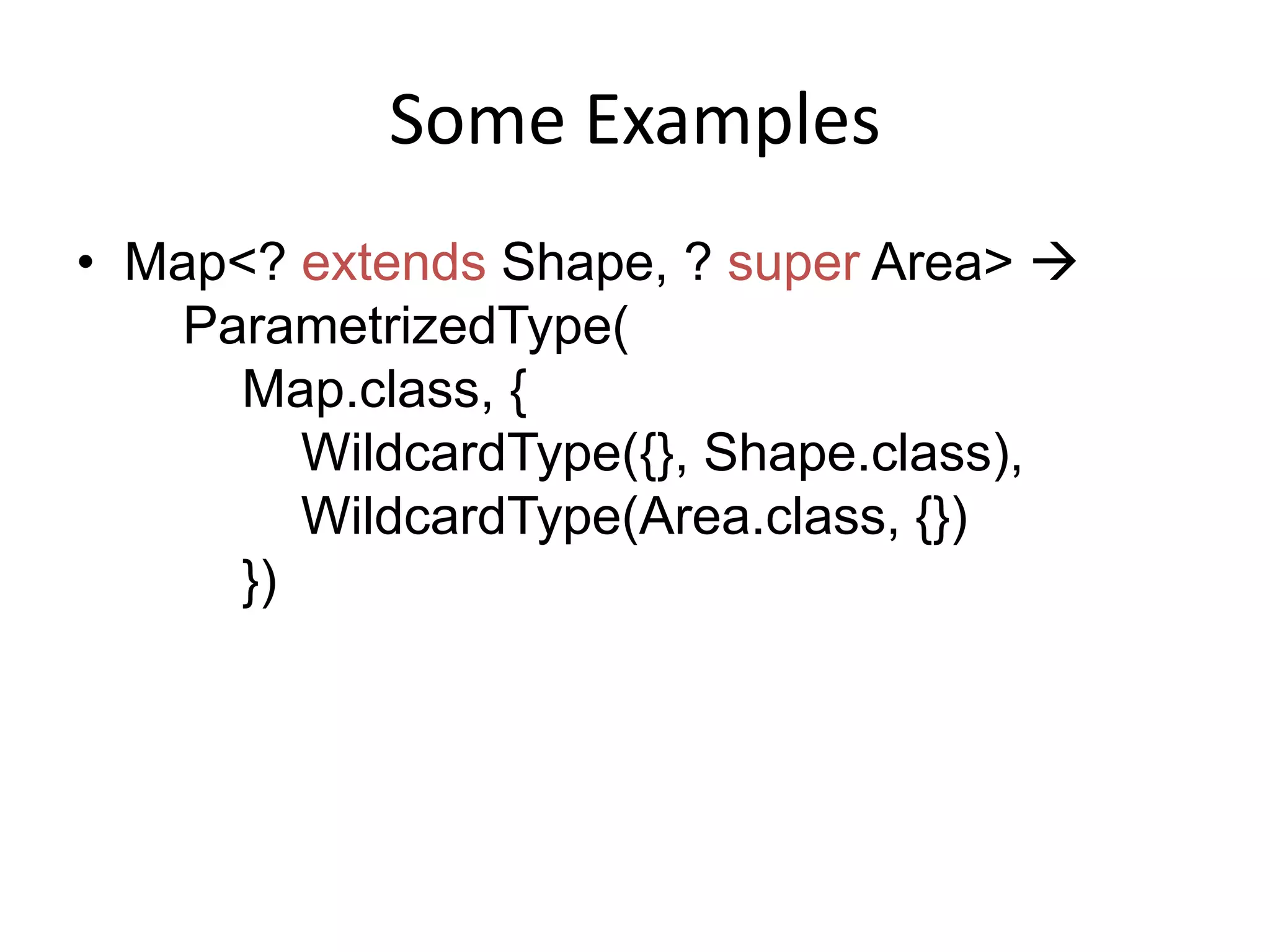 Some ExamplesMap<? extends Shape, ? super Area> ParametrizedType(Map.class, {WildcardType({}, Shape.class),WildcardType(Area.class, {})        })