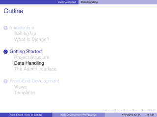 Getting Started   Data Handling


Outline

1   Introduction
      Setting Up
      What Is Django?

2   Getting Started
     Project Structure
     Data Handling
     The Admin Interface

3   Front-End Development
      Views
      Templates



    Nick Efford (Univ of Leeds)    Web Development With Django      YPy 2010-12-11   14 / 31
 