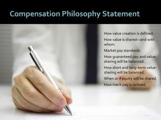 3131
Compensation Philosophy Statement
 How value creation is defined.
 How value is shared—and with
whom.
 Market pay ...