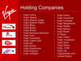 Holding Companies Virgin Active  Virgin Atlantic  Virgin Atlantic Cargo  Virgin Balloon Flights  Virgin Bikes  Virgin Books  Virgin Brides  Virgin Business Solutions  Virgin Cars  Virgin Cosmetics  Virgin Credit Card  Virgin D3  Virgin Drinks  Virgin Experience Virgin Express  Virgin Holidays Virgin Home Virgin Incentives Virgin Limobike Virgin Megastores  Virgin Mobile Virgin Money Virgin Radio V2 Music  Virgin Trains Virgin Travelstore Virgin Ware Virgin Wines  Virgin. COM Virgin.net Virginstudent.com Limited Edition  