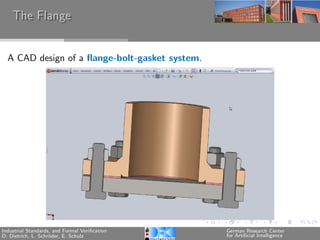 The Flange


  A CAD design of a ﬂange-bolt-gasket system.




Industrial Standards, and Formal Veriﬁcation    German Research Center
D. Dietrich, L. Schr¨der, E. Schulz
                    o                           for Artiﬁcial Intelligence
 