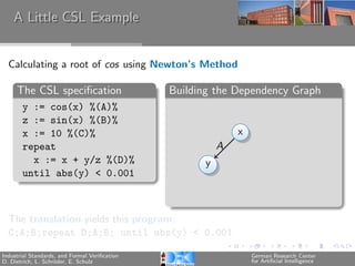 A Little CSL Example


  Calculating a root of cos using Newton’s Method

     The CSL speciﬁcation                      Building the Dependency Graph
       y := cos(x) %(A)%
       z := sin(x) %(B)%
       x := 10 %(C)%                                         x
       repeat                                            A
         x := x + y/z %(D)%                          y
       until abs(y) < 0.001



  The translation yields this program:
  C;A;B;repeat D;A;B; until abs(y) < 0.001

Industrial Standards, and Formal Veriﬁcation                     German Research Center
D. Dietrich, L. Schr¨der, E. Schulz
                    o                                            for Artiﬁcial Intelligence
 