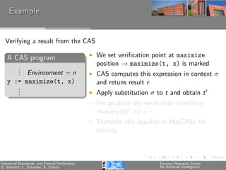 Example


  Verifying a result from the CAS

   A CAS program                               We set veriﬁcation point at maximize
                                               position → maximize(t, x) is marked
      .
      . Environment = σ
      .                                        CAS computes this expression in context σ
   y := maximize(t, x)                         and retuns result r
      .
      .
      .                                        Apply substitution σ to t and obtain t
                                               We produce the veriﬁcation condition
                                               maximize(t , x) = r
                                               Translate this equality to HasCASL for
                                               proving



Industrial Standards, and Formal Veriﬁcation                         German Research Center
D. Dietrich, L. Schr¨der, E. Schulz
                    o                                                for Artiﬁcial Intelligence
 