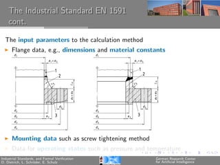 The Industrial Standard EN 1591
    cont.

  The input parameters to the calculation method
      Flange data, e.g., dimensions and material constants




      Mounting data such as screw tightening method
      Data for operating states such as pressure and temperature
Industrial Standards, and Formal Veriﬁcation           German Research Center
D. Dietrich, L. Schr¨der, E. Schulz
                    o                                  for Artiﬁcial Intelligence
 