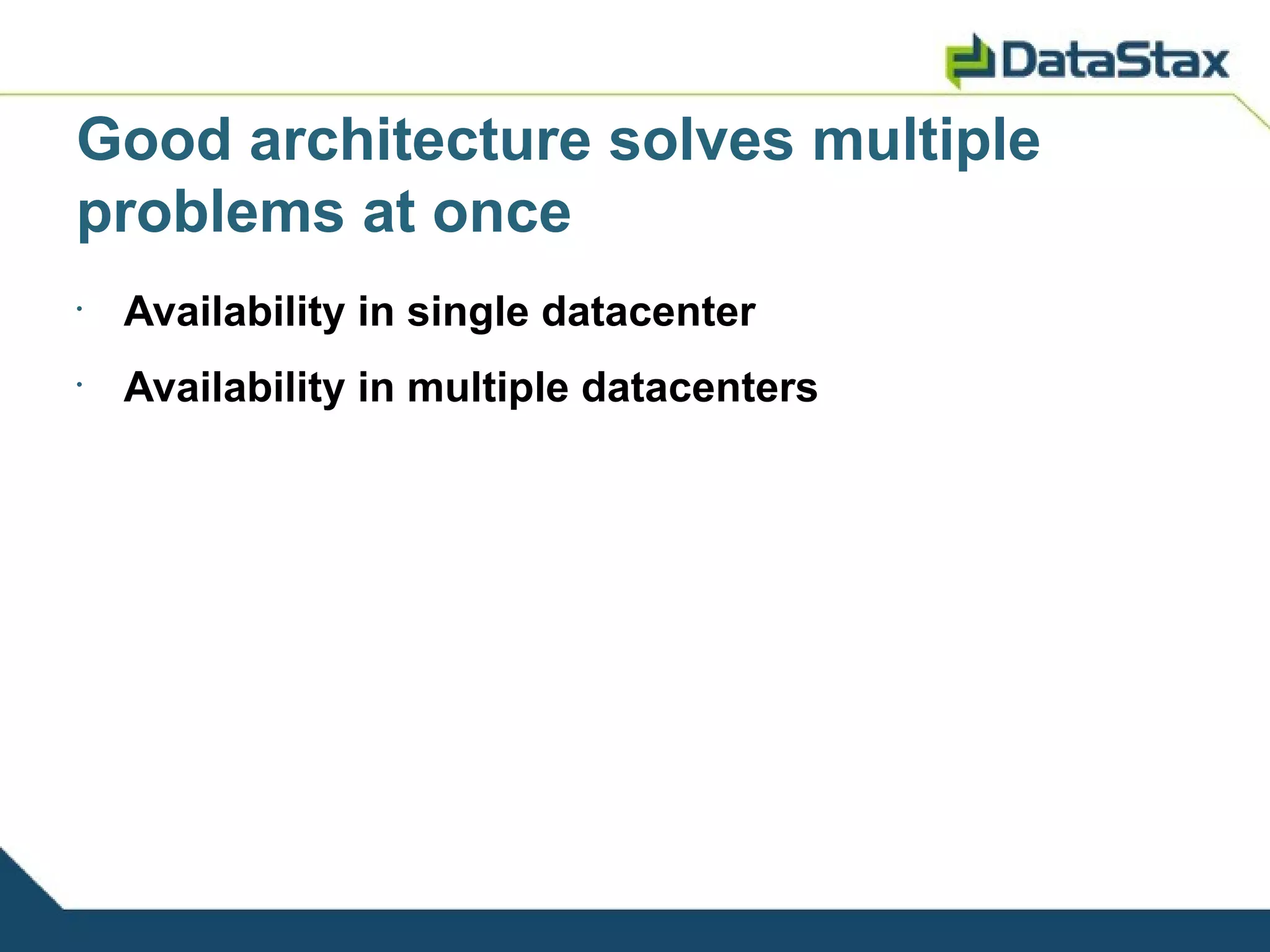 Good architecture solves multiple
problems at once
•
    Availability in single datacenter
•
    Availability in multiple datacenters
 