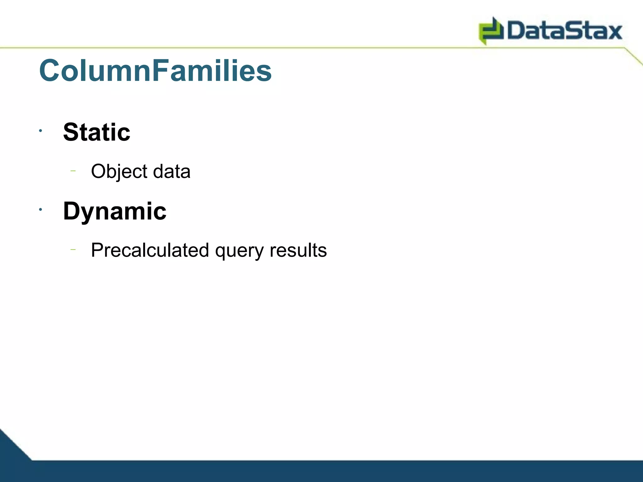 ColumnFamilies
•
    Static
    –
        Object data
•
    Dynamic
    –
        Precalculated query results
 