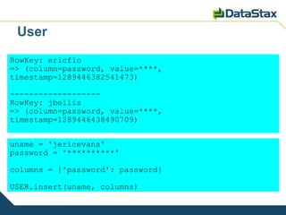 User
RowKey: ericflo
=> (column=password, value=****,
timestamp=1289446382541473)

-------------------
RowKey: jbellis
=> (column=password, value=****,
timestamp=1289446438490709)


uname = 'jericevans'
password = '**********'

columns = {'password': password}

USER.insert(uname, columns)
 