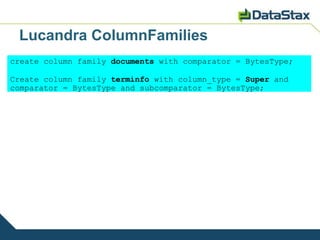 Lucandra ColumnFamilies
create column family documents with comparator = BytesType;

Create column family terminfo with column_type = Super and
comparator = BytesType and subcomparator = BytesType;
 