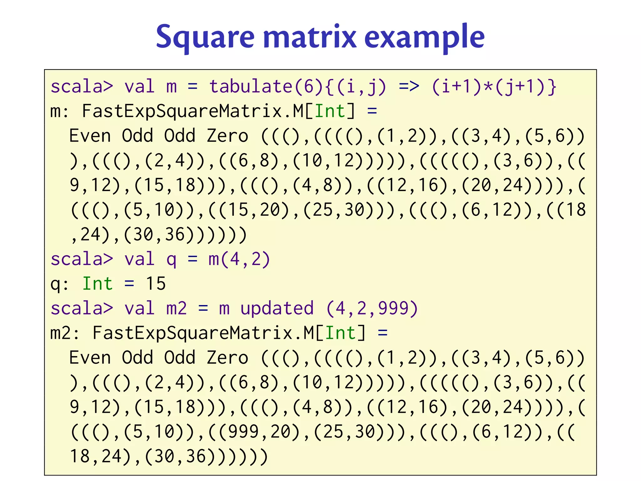 Square matrix example
scala> val m = tabulate(6){(i,j) => (i+1)*(j+1)}
m: FastExpSquareMatrix.M[Int] =
  Even Odd Odd Zero (((),((((),(1,2)),((3,4),(5,6))
  ),(((),(2,4)),((6,8),(10,12))))),(((((),(3,6)),((
  9,12),(15,18))),(((),(4,8)),((12,16),(20,24)))),(
  (((),(5,10)),((15,20),(25,30))),(((),(6,12)),((18
  ,24),(30,36))))))
scala> val q = m(4,2)
q: Int = 15
scala> val m2 = m updated (4,2,999)
m2: FastExpSquareMatrix.M[Int] =
  Even Odd Odd Zero (((),((((),(1,2)),((3,4),(5,6))
  ),(((),(2,4)),((6,8),(10,12))))),(((((),(3,6)),((
  9,12),(15,18))),(((),(4,8)),((12,16),(20,24)))),(
  (((),(5,10)),((999,20),(25,30))),(((),(6,12)),((
  18,24),(30,36))))))
 