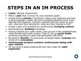 STEPS IN AN IM PROCESS Listen . Absorb. Experiment. Make a  plan  that is driven by your business goals. Create online  content  ("brochure") about your business and how it serves people's needs. Be sure to present benefits much more liberally than features. Concern yourself with the visitor to your site: what are they looking for, what are they hoping to find?  Create a plan and schedule for continuously  changing content . Branding/trust.  Building  friendship. Having created your cyber home, now go out in the neighborhood, make friends and invite visitors. That is, set up  social media  accounts according to plan and participate with them.  Be patient.  Monitor . At previously arranged dates,  evaluate  and move on to  innovation . Continuously produce content; continuously dialog with your market. (If you have a great product/service) Get ready for  rapid expansion .  