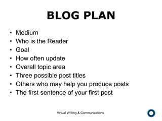 BLOG PLAN Medium Who is the Reader Goal How often update Overall topic area Three possible post titles Others who may help you produce posts The first sentence of your first post 