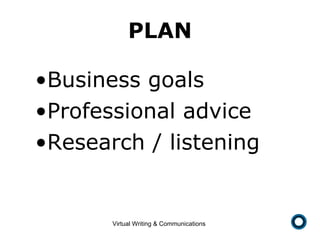 PLAN Business goals Professional advice Research / listening 