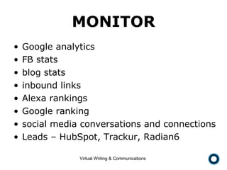 MONITOR Google analytics  FB stats blog stats inbound links Alexa rankings Google ranking social media conversations and connections Leads – HubSpot, Trackur, Radian6 