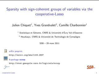 Sparsity with sign-coherent groups of variables via the
                        cooperative-Lasso

            Julien Chiquet1 , Yves Grandvalet2 , Camille Charbonnier1

                    1                                          e ´
                        Statistique et G´nome, CNRS & Universit´ d’Evry Val d’Essonne
                                        e
                        2   Heudiasyc, CNRS & Universit´ de Technologie de Compi`gne
                                                       e                        e


                                             SSB – 29 mars 2011


         arXiv preprint.
         http://arxiv.org/abs/1103.2697

         R-package scoop.
         http://stat.genopole.cnrs.fr/logiciels/scoop



cooperative-Lasso                                                                       1
 