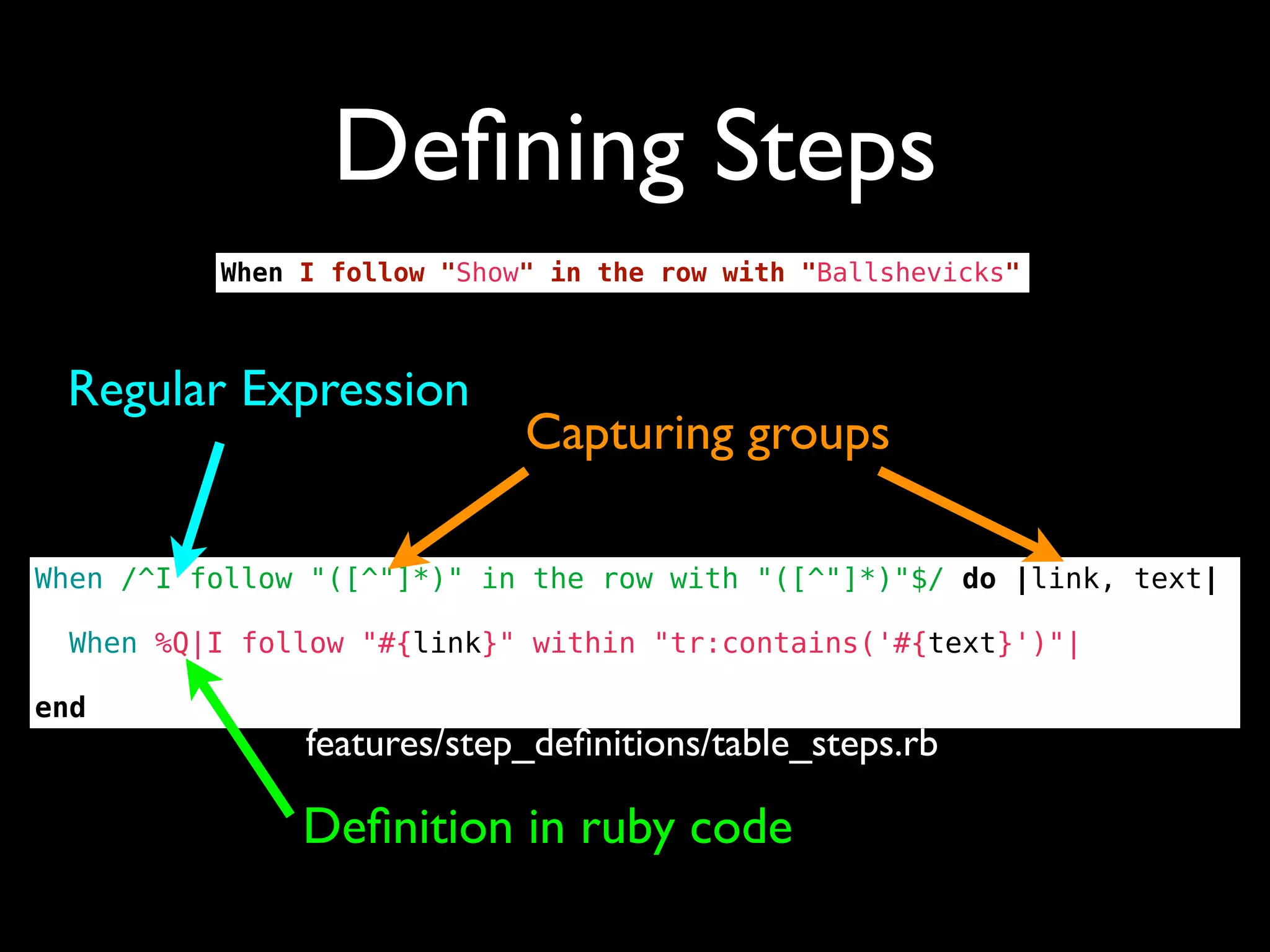 Deﬁning Steps
          When I follow "Show" in the row with "Ballshevicks"



 Regular Expression
                             Capturing groups

When /^I follow "([^"]*)" in the row with "([^"]*)"$/ do |link, text|

  When %Q|I follow "#{link}" within "tr:contains('#{text}')"|

end
               features/step_deﬁnitions/table_steps.rb

               Deﬁnition in ruby code
 