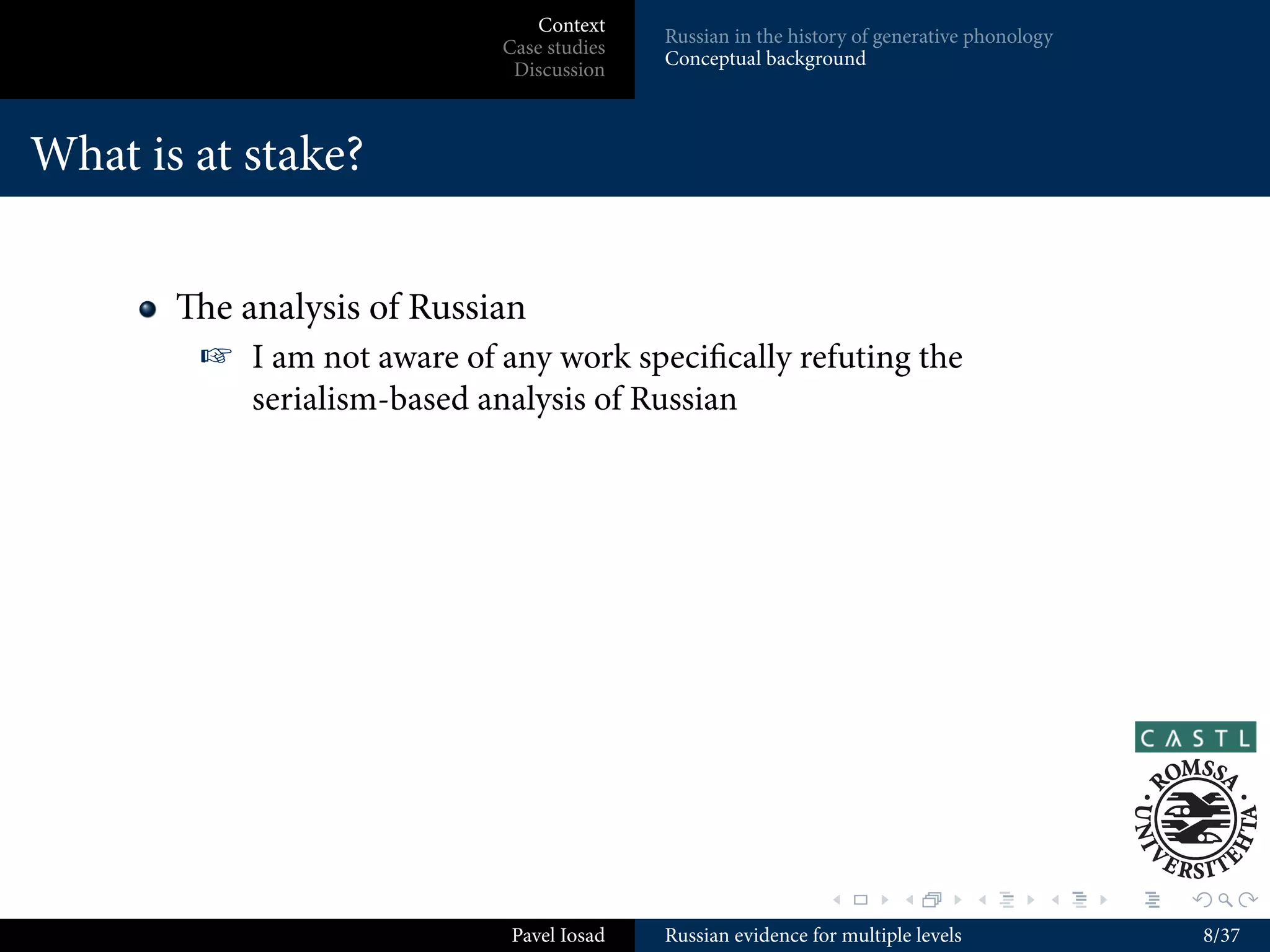 Rubach (2000) is excerpted in the McCarthy OT reader: this is
              apparently some of the best evidence around
          Vowel reduction: Rubach (2000); Padgett (2004); Mołczanow
          (2007)
          Yers: Mołczanow (2008); Gribanova (2009)

                                                              .        .          .     .   .   .

                             Pavel Iosad   Russian evidence for multiple levels                     7/37
 
