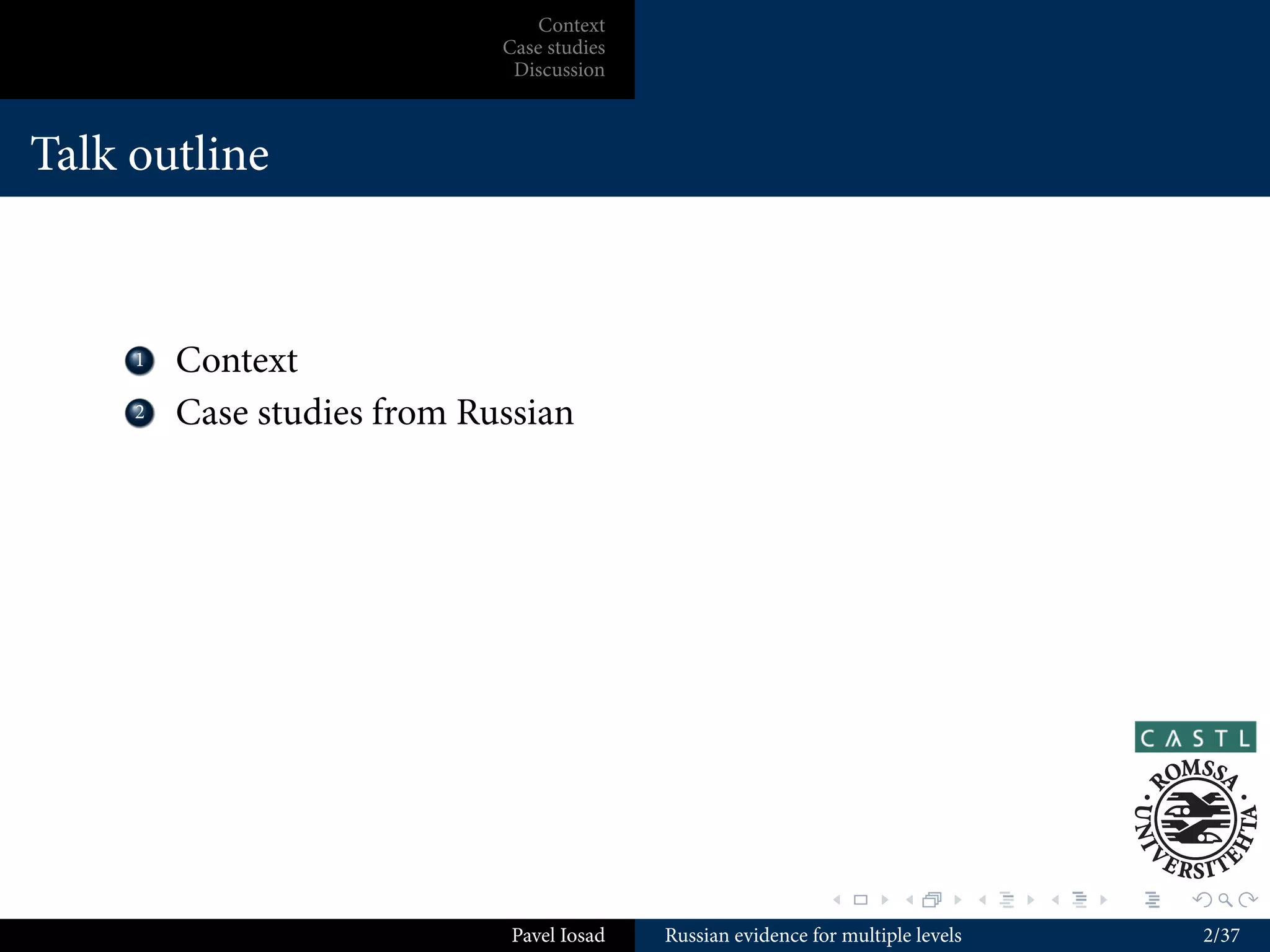 Context
                              Case studies
                               Discussion



Talk outline



    ...
     1    Context
    ...
     2    Case studies from Russian




                                                                .        .          .   .   .   .

                               Pavel Iosad   Russian evidence for multiple levels                   2/37
 