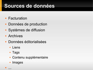 Sources de données

   Facturation
   Données de production
   Systèmes de diffusion
   Archives
   Données éditorialisées
         Liens
         Tags
         Contenu supplémentaire
         Images
   ...
 