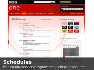 Schedules
bbc.co.uk/:service/programmes/schedules/:outlet
 