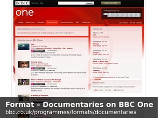 Format – Documentaries on BBC One
bbc.co.uk/programmes/formats/documentaries
 