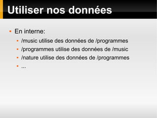 Utiliser nos données
   En interne:
       /music utilise des données de /programmes
       /programmes utilise des données de /music
       /nature utilise des données de /programmes
       ...
 