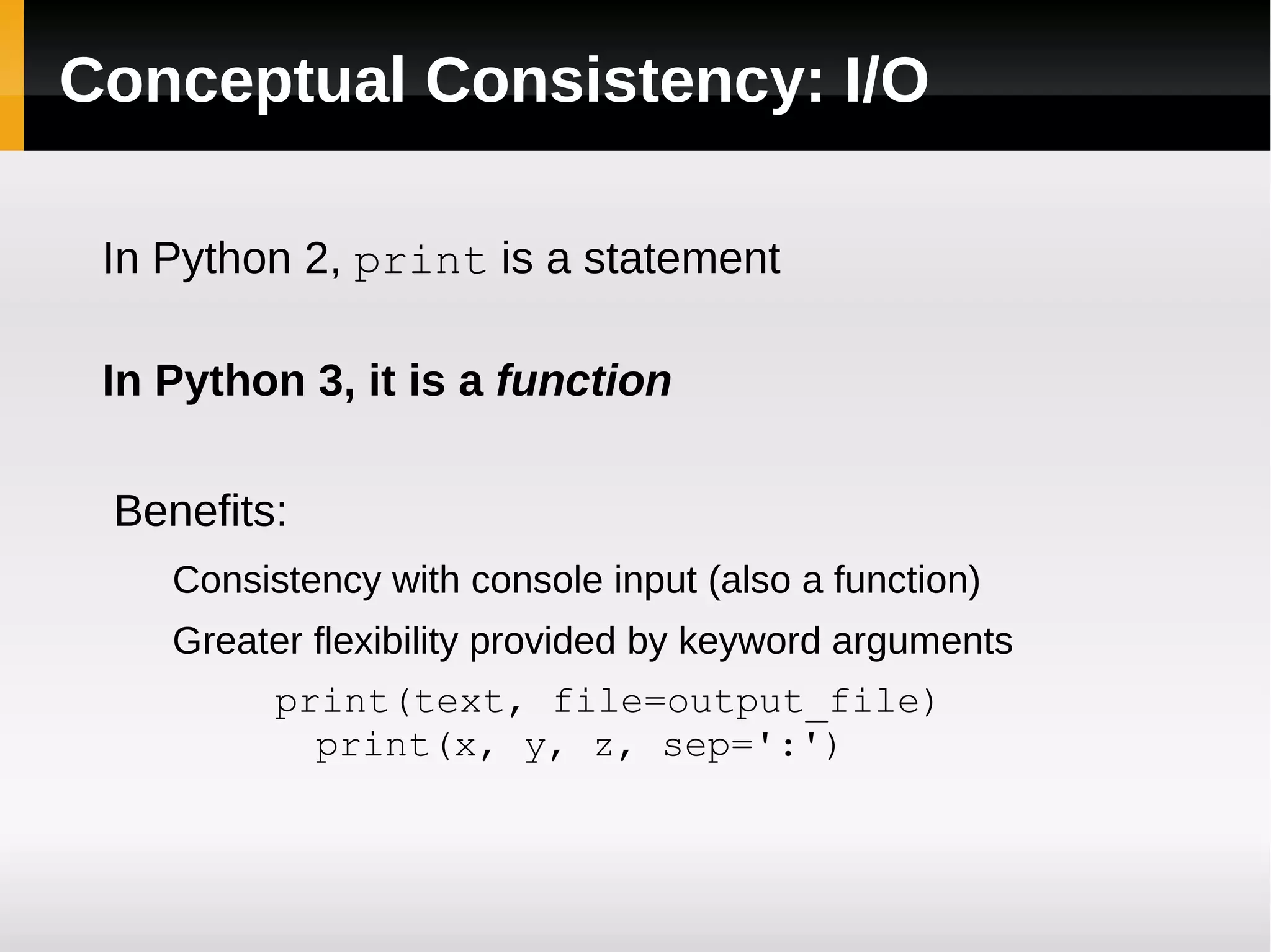 Redundancy: Iteration in Python for character in string: print character for number in numbers: print number input_file = open('foo.txt') for line in input_file: print line, One syntax  works for strings, lists and text files! 