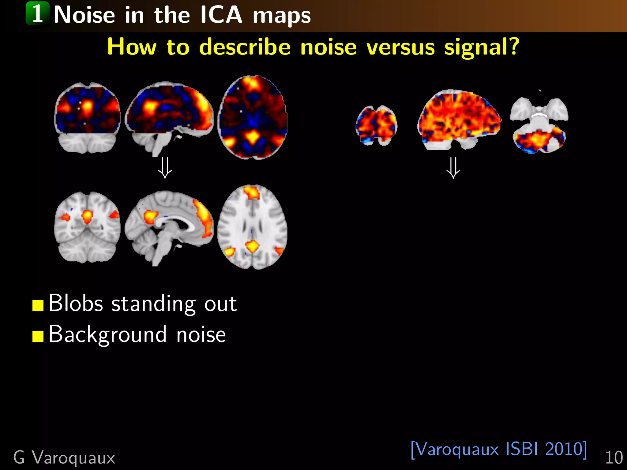 1 Noise in the ICA maps
       How to describe noise versus signal?



              ⇓                      ⇓




   Blobs standing out
   Background noise



G Varoquaux                      [Varoquaux ISBI 2010] 10
 